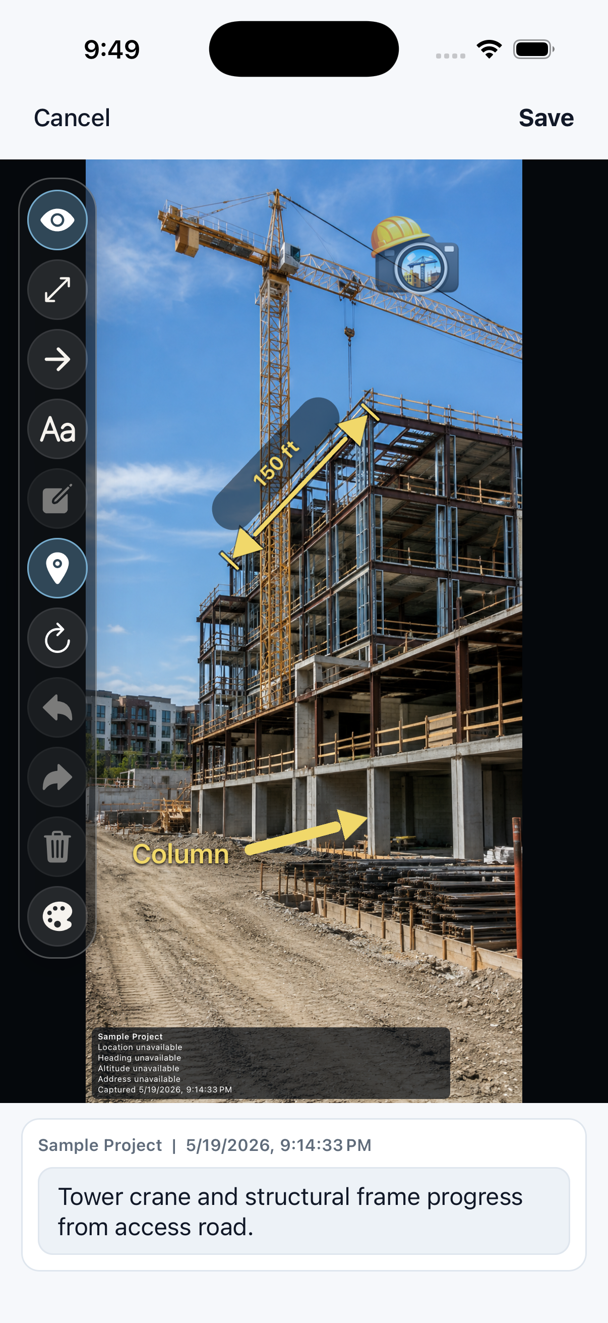 Photo editor with dimension and arrow annotations marked on a site photo
