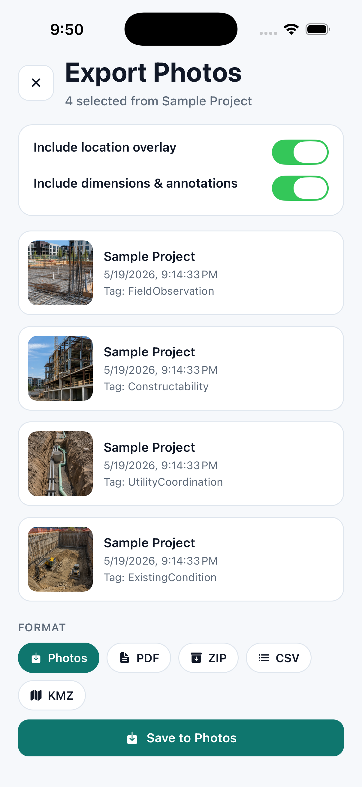Export screen with location overlay and format options for selected photos