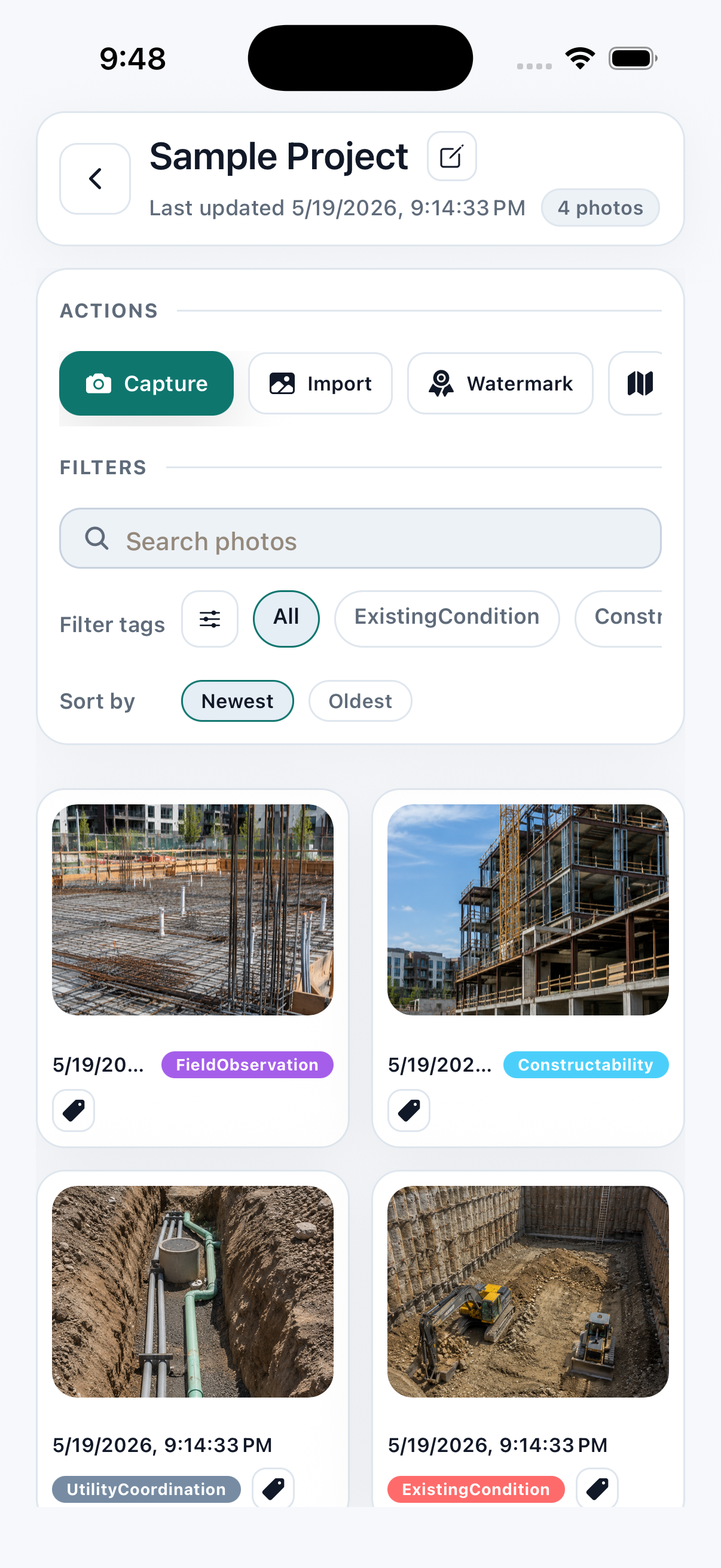 Civil Field Photos project view with a captured site photo grid